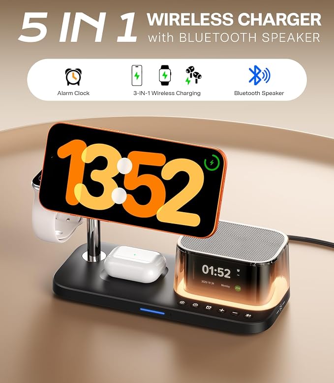 Meifigno 45W 5 in 1 Charging Station with Bluetooth Speaker and Alarm Clock & Night Light, Qi2.2 25W Fast Wireless Charger for MagSafe Charger for iPhone 17/16, Charger Stand for Apple Watch & AirPods