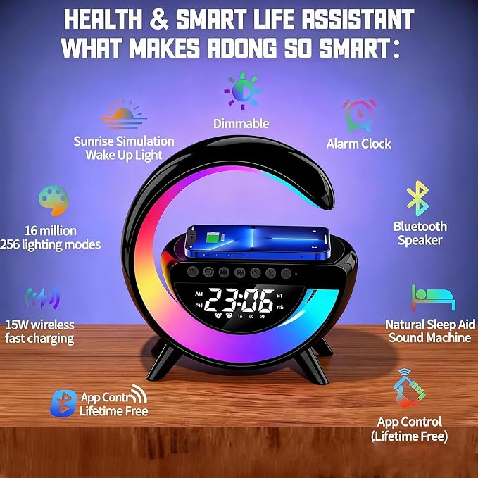 15W Wireless Charging Ambient Light Bluetooth Speaker Alarm Clock Multifunctional G-Type Colorful Bedroom Light Desktop Creative Ornament (Black)