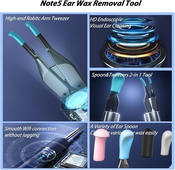 Note5 Ear Wax Removal Kit with Camera,10MP Ear Cleaner Camera Otoscope with Light,Real-time Remote Video with Ear Pick & Tweezers,12 Pcs Ear Scoops for Whole Family