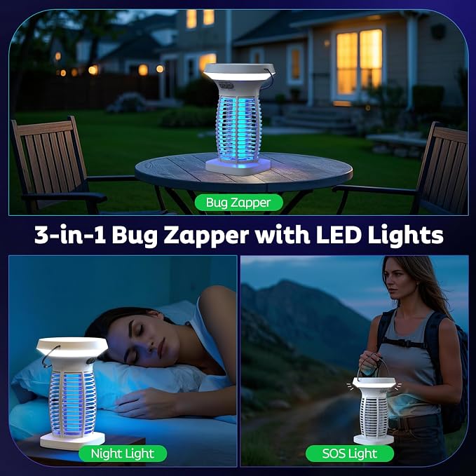 OnBeam Solar Bug Zapper Outdoor, Mosquito Zapper Outdoor Waterproof Electric Fly Zapper Rechargeable Mosquito Killer with Solar Panel, 4200V Fly Trap Indoor for Home Backyard, Patio, Garden, Camping