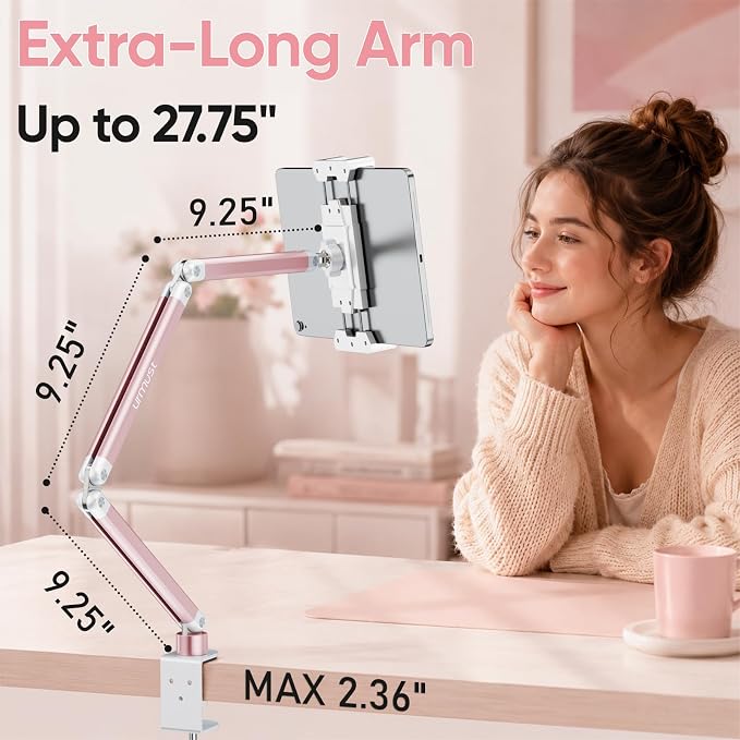Urmust Portable Monitor Stand 15.6", iPad Stand for Desk, Portable Monitor Holder up to 18.5", Adjustable Desktop Tablet Arm Mount, iPad Holder for Desk, for 4.7"-12.9" i Pad Pro/Air/Mini Pink