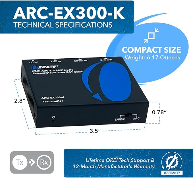 OREI ARC & SPDIF Audio Only Extender Balun Over Single CAT5e/6/7 Audio Return Channel Through HDMI Up to 300 Ft - Power Over Cable (ARC-EX300-K)
