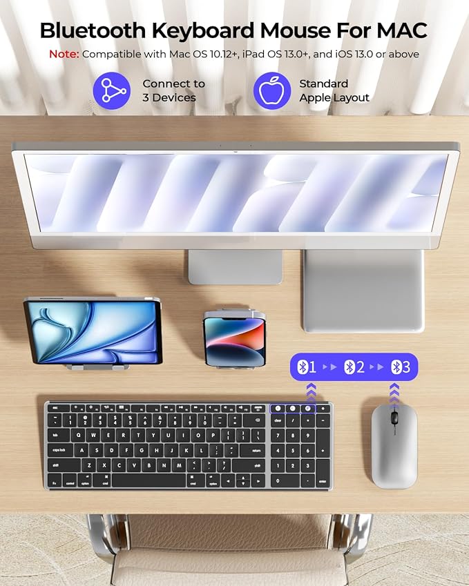 seenda Bluetooth Keyboard and Mouse Combo for Mac, SKM64-2 Rechargeable Silent Wireless Keyboard Mouse Compact Slim, 3 Multi-Device Connection, Compatible for Mac MacBook Pro/Air iPad, Black Silver