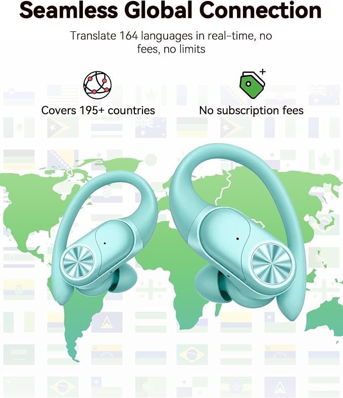 PocBuds Bluetooth Headphones Wireless Earbuds 80hrs Playtime Wireless Charging Case Digital Display Sport Ear buds with Earhook Deep Bass IPX7 Waterproof Over-Ear Earphones for Phone Laptop Mint Green