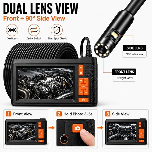 50FT Dual Lens Endoscope Camera with Light, 4.3" Borescope Support 1080P Photo/Video, IP67 Waterproof with 8 LED Lights, Semi-Rigid Inspection Snake Cable for Pipe, Engine & HVAC