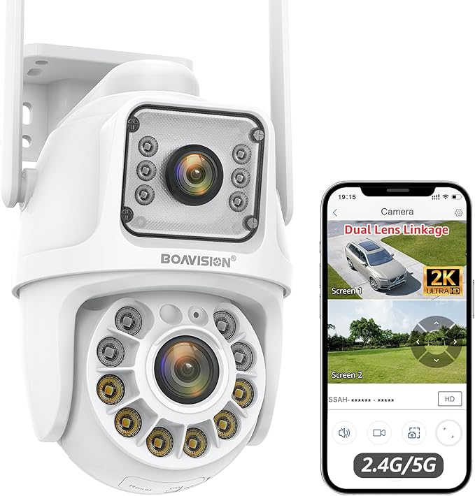 BOAVISION 5G/2.4G WiFi Outdoor Security Camera, Wireless PTZ Dual Lens, 360° View, AI Human Tracking, Color Night Vision, 24/7 Recording, Two-Way Audio, Cloud & SD Card Storage