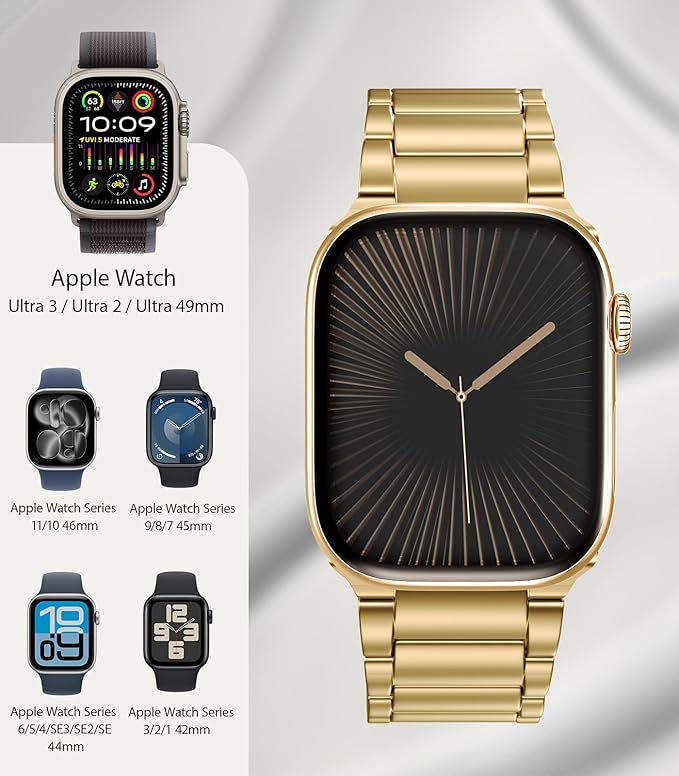 Titanium Band Replacement Compatible with Apple Watch Band Ultra 3 Ultra 2/Ultra 49mm,iWatch Series 11/10 46mm,9/8/7 45mm,SE3/SE2/SE/6/5/4 44mm,3/2/1 42mm, Gold