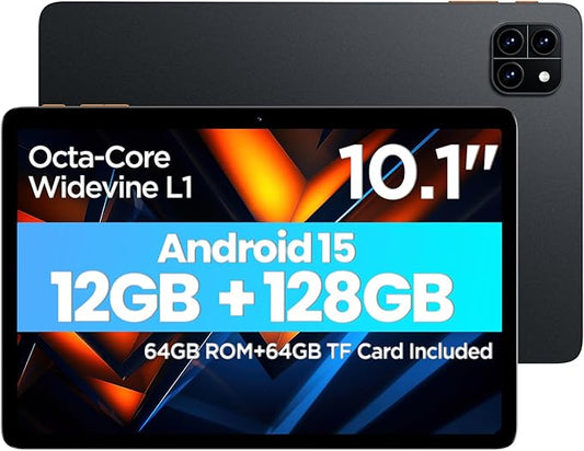 Callsky-Tab 10 Inch Tablet, Android Tablet 10 Inch, Android 15 Tablet, 12GB RAM+128GB ROM(64GB ROM+64GB TF Card Included), Octa-Core, 1280x800 IPS Display, Widevine L1, 6000mAh, Dual Camera