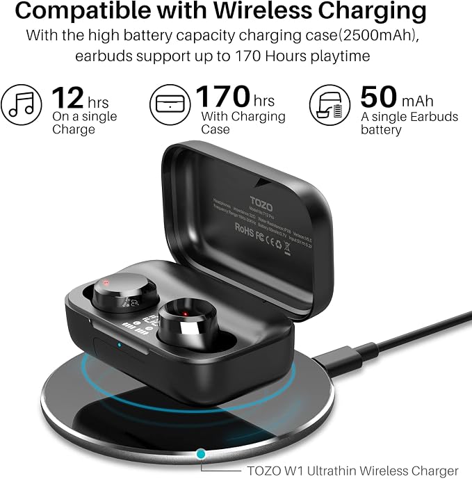 TOZO T12 Pro Wireless Earbuds Bluetooth Headphones with Qualcomm QCC3040 4 Mics CVC 8.0 Call Noise Cancelling and aptX Stereo Headset 2500mAh Wireless Charging Case IPX8 Waterproof Earphones Black