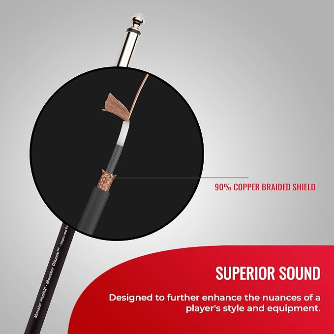 Monster Prolink Classic Instrument Guitar Cable - 6 ft Straight to Straight Instrument Cable. All Metal & Duraflex Outer Jacket. 90% Copper Braided Shield Monster Instrument Cable
