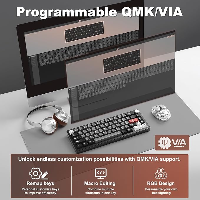 YUNZII AL68 Wireless Mechanical Keyboard,Full Aluminum CNC,60% Layout with Knob, QMK/VIA Software,Gasket Mounted,Hot Swappable,RGB Backlit,BT/2.4G/USB-C for Mac/Win(Black, Gateron Zero)