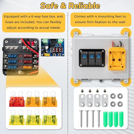 Power Distribution Box with Battery Adapter Fit for De.Walt 20V Battery, for RV Truck Trailer/Warehouse/Shed, with Pre-Installed Lines/Dual USB Charger/Low Voltage Protection, Battery Not Included