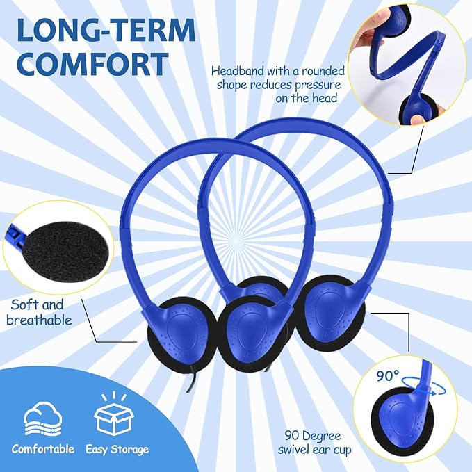 50 Pack Bulk Headphones for Classroom Kids Student School, Wired On-Ear Headphones for Chromebook Laptop Computer, Bulk Wholesale, HQ Stereo Sound 3.5mm Jack(Blue)