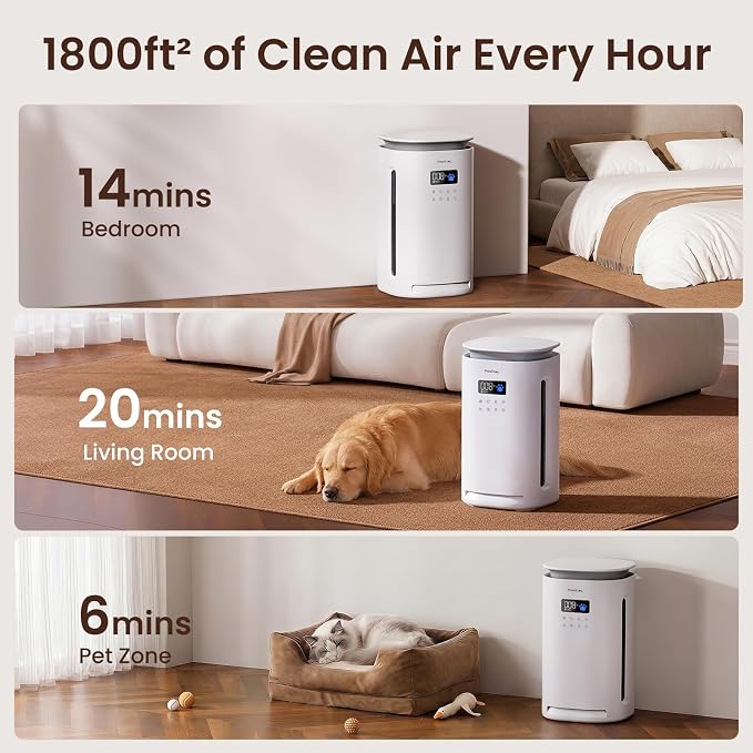 Provirtec Pawtent Pet Air Purifier, 1-Year Filter Life, 99.23% Pet Odor & 99.97% Allergies & 99.70% Pet Hair Reduction, H13 True HEPA, Large Room up to 1800 ft², Auto Mode for Cats Dogs Home