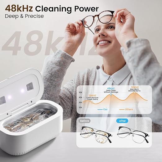 48Khz Ultrasonic Jewelry Cleaner, 30W Ultrasonic Cleaner with 2 UV Lights and Dual Brush Ports, 3 Modes Jewelry Cleaner Ultrasonic Machine with Digital Timer, 12OZ Pod for Eyeglasses, Rings, Retainer