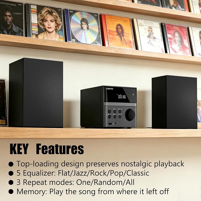 Home CD Stereo Shelf System, 30W Micro HiFi System (with CD Player, FM Radio, Bluetooth 5.3, USB Playback, AUX-in, Headphone Jack, Remote Control, DSP-Tech