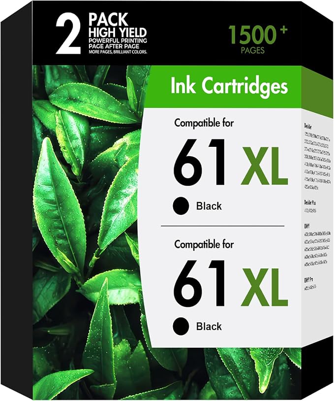 61 61XL Ink Cartridges for HP Printers Replacement for 61 Black Ink Cartridge Work for Envy 4500 5530 Officejet 4630 4635 Envy 4502 4501 Deskjet 1000 1010 Printer High Yield Black 2-Pack