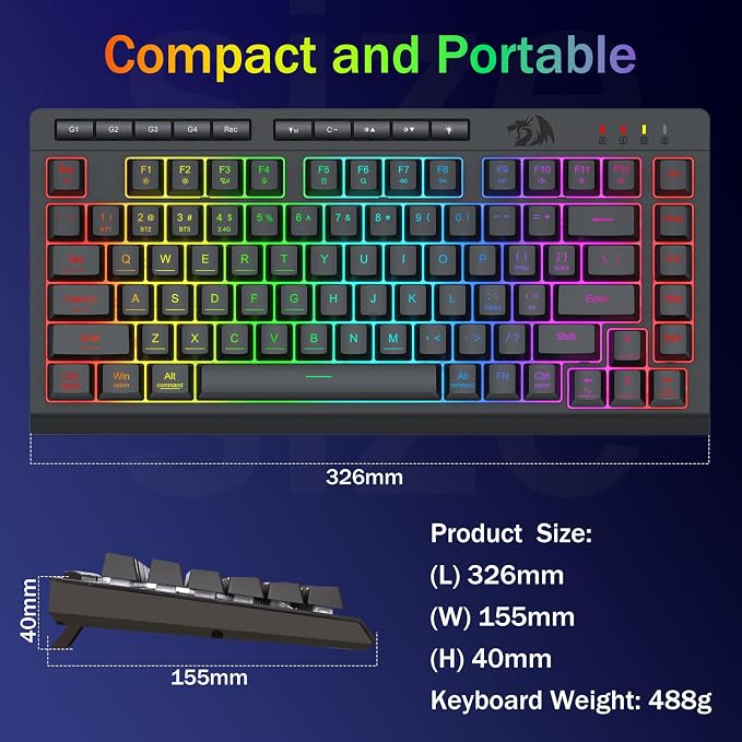 Redragon Wireless Gaming Keyboard, Bluetooth/2.4GHz/USB-C Wired, RGB Backlit, Portable 75% Mini Quiet Macro Membrane Keyboard, Rechargeable 4000mAh Battery, Anti-Ghosting for Win/MAC