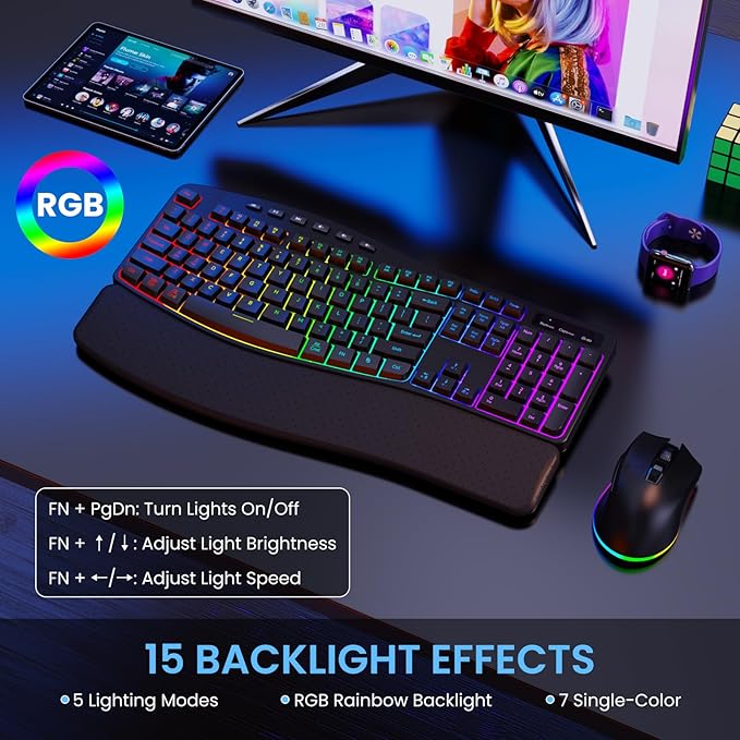 COLIKES Ergonomic Wireless Keyboard and Mouse Silent, Rechargeable Wave Keyboard with 15 Lighting RGB Backlit Effects, Soft Leather Wrist Rest, 3200 DPI Mouse for PC Computer Laptop Windows Mac