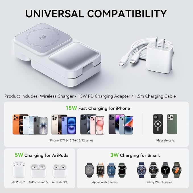 3-in-1 Charging Station for MagSafe Wireless Charger Clock, LED Screen with Power Display, 15W Fast Charging, Compatible with iPhone 17/Air/16/15, iWatch Ultra 3, AirPods Pro 3, White