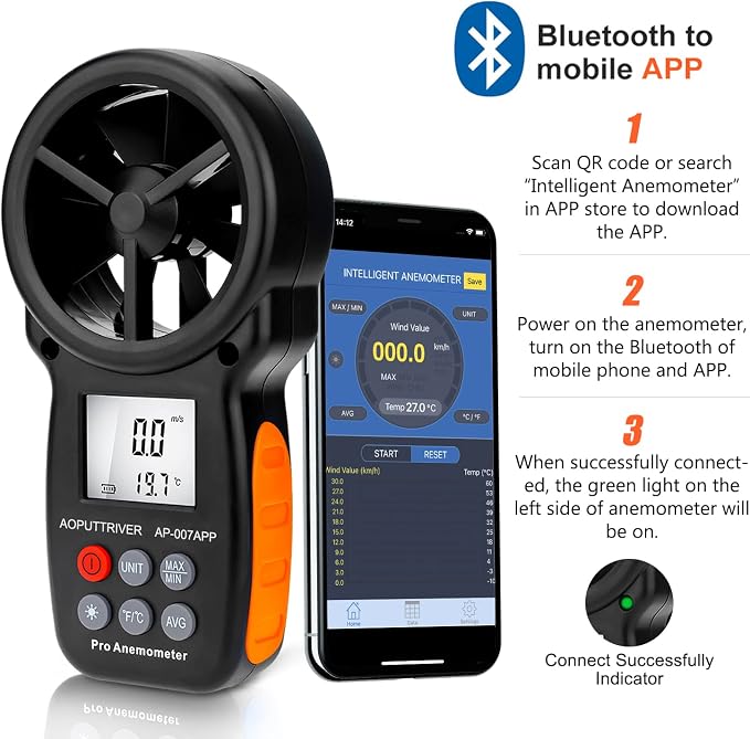 Digital Anemometer Bluetooth, Air Flow Velocity Meter Measuring Wind Temperature Wind Chill Gauge Tester, Handheld Wind Speed Meter for Outdoor Sailing Shooting Golf-AP-100APP