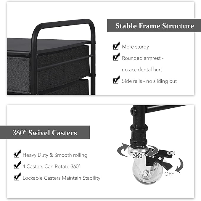 EazeHome Mini Fridge Stand with Storage, Mini Fridge Stand, 2 Drawer Dorm Fridge Cart, Organizer Unit for Mini Fridge, Fridge Stand Table, Mini Fridge Table with Swivel Wheels, Black