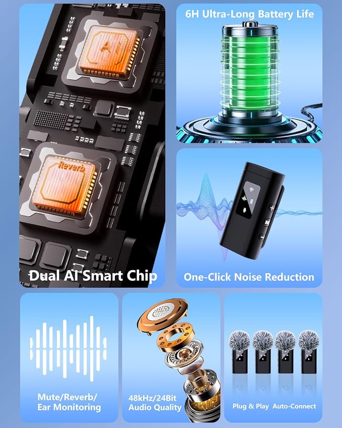 4 Wireless Lavalier Microphone for iPhone Android Phone Pad Computer, Pro Lapel Mini Microphone for Video Recording Vlog Podcast Stream YouTube TikTok, 48KHz 24Bit, Reverb,Noise Cancelling