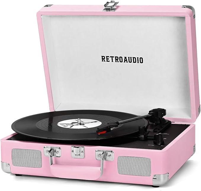 Vinyl Record Player with Built-in Speakers 3-Speed Vintage Record Player Bluetooth Portable Suitcase Turntable Belt-Driven LP Player Support RCA Output and Headphone Output (Pink)
