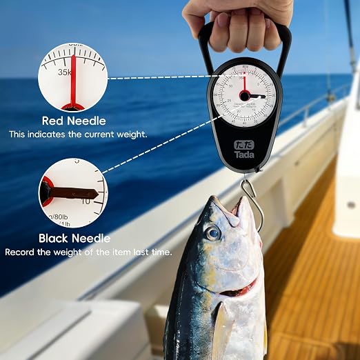 Tada 80lb/35kg Analog Fish Scale with 39-Inch Tape Measure | Manual Scale for Fishing, Farm, Luggage with Memory Pointer, No Battery Needed