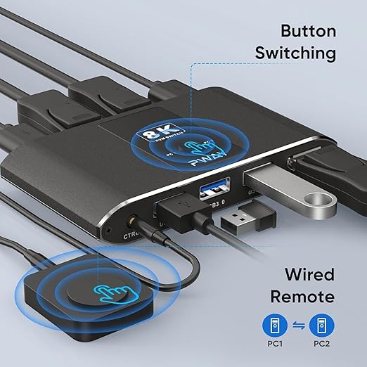 KVM Switch 1 Monitor 2 Computer DisplayPort,DP 1.4 & 3 USB 3.0 Ports (3 USB-A), Supports 8K@60Hz, Control 2 PCs Sharing 1 Monitor & USB Devices, Wired Remote and Button Switch, Adaptive EDID