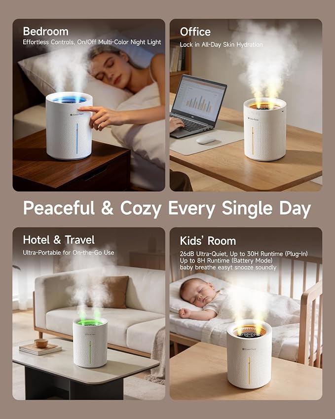 SP SpacePlayer Cool Mist Humidifier for Bedroom, 3L Top Fill Ultrasonic, 4000mAh Cordless Portable Humidifier, Quiet 23dB, Auto Shut-Off, Timer, Easy Clean, for Baby Nursery, Plants, Home Office