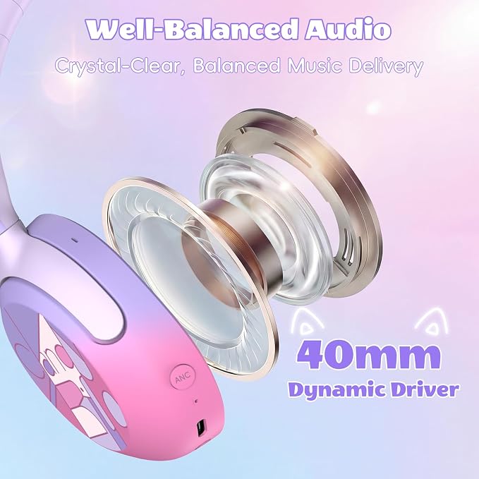 Candy Bila Kids Bluetooth Headphones with LED Cat Ears, Active Noise Cancelling Headphones, 85dB Safe Volume, 40H Play Time, Bluetooth 6.0, Built-in Mic for iPad/Tablet/Airplane, Purple