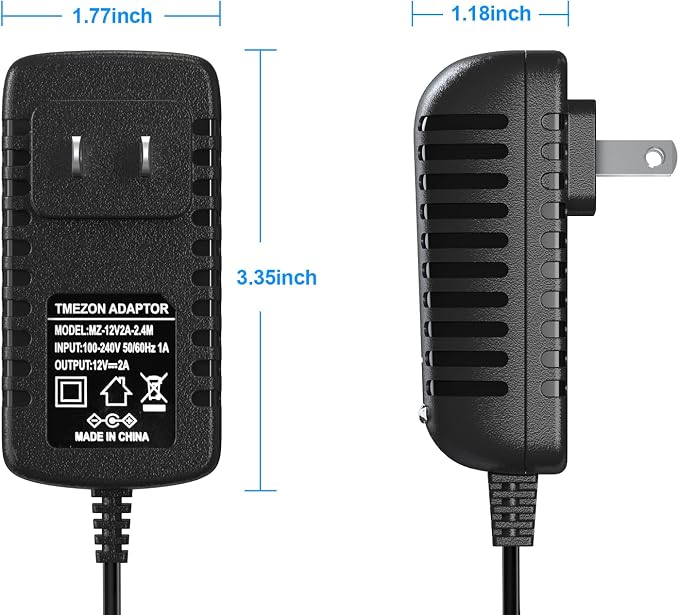 TMEZON 12 Volt 2A Power Adapter Supply AC to DC 2.1mm X 5.5mm Plug 12v 2 Amp Wall Plug Extra Long 8 Foot Cord LED Strip Module Light