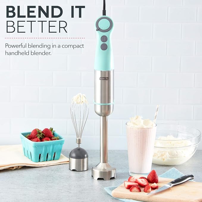 Dash Chef Series Immersion Hand Blender, 5 Speed, 330W Handheld Stick Blender with Whisk Attachment, Stainless Steel Blades for Soups, Sauces, Smoothies & Purées - Aqua