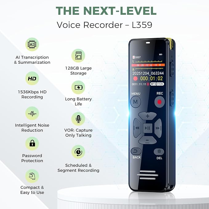 AI Digital Voice Recorder 128GB: AI Transcribe & Summarize Note Taker, Voice Activated Recorder with Playback, Portable Audio Recorder & Tape Recorder for Meetings Lectures, OTG Support