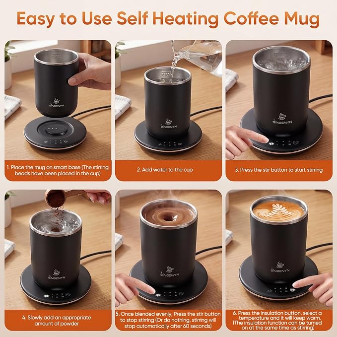 Self Stirring Coffee Mug, Self Heating Coffee Mug, Heated Cup with 3-Level Smart Temperature Control, Auto Shut-Off Electric Coffee Cup Warmer with Detachable Base, Gift for Family Friends (Black)