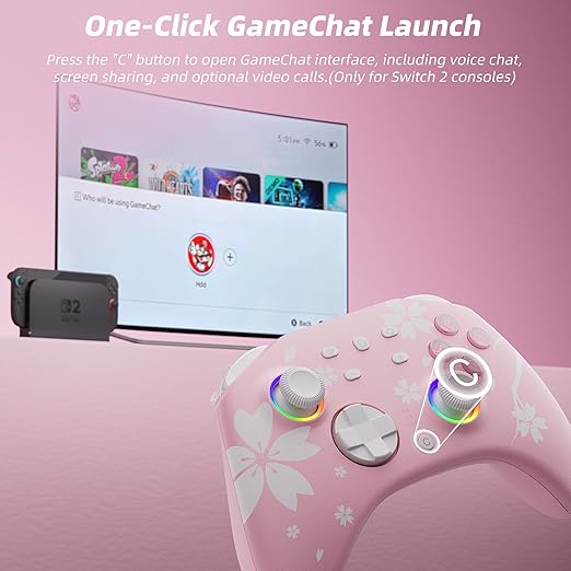 Mytrix Wireless Controllers for Switch/Switch 2, Windows PC iOS Android Steam/Steam Deck, Sakura Pink Bluetooth Controller with Programmable, Hall Effect Joysticks, Adjustable LED Light/Turbo/Vibration