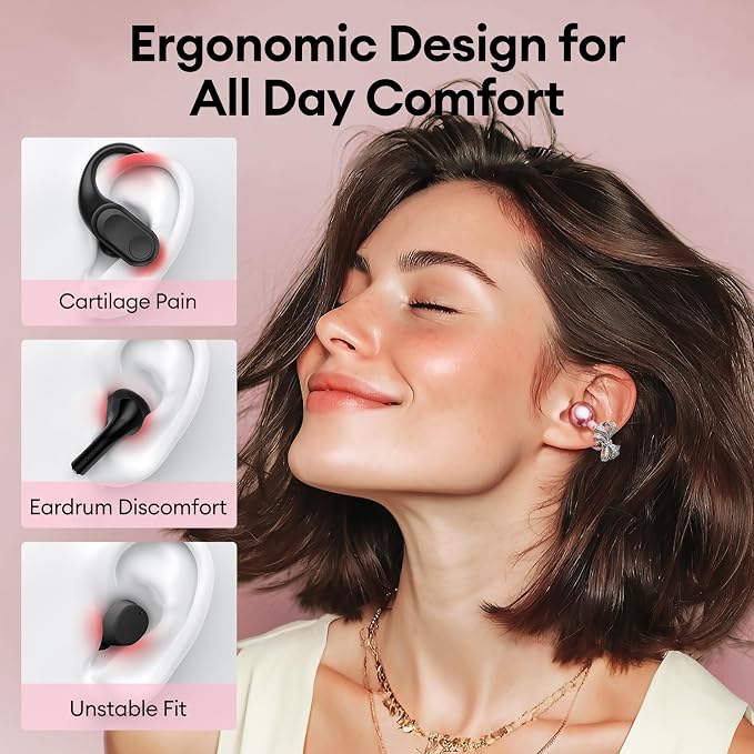 PAXA Stylish Open Ear Clip On Earbuds with Removable Butterfly Earring, Clip On Headphones with LCD Touch Screen, Fashionables Open Ear Headphones for Women, Bow Tie Earring Rose Gold Earbuds M100