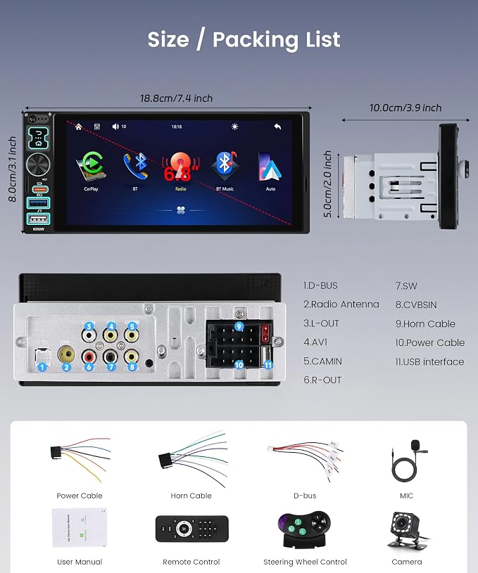 6.8" IPS Touch Screen Single Din Car Stereo, Wireless CarPlay Android Auto, Bluetooth 5.2 Handsfree Call, FM Radio EQ, Backup Camera, SWC, USB & Type-C