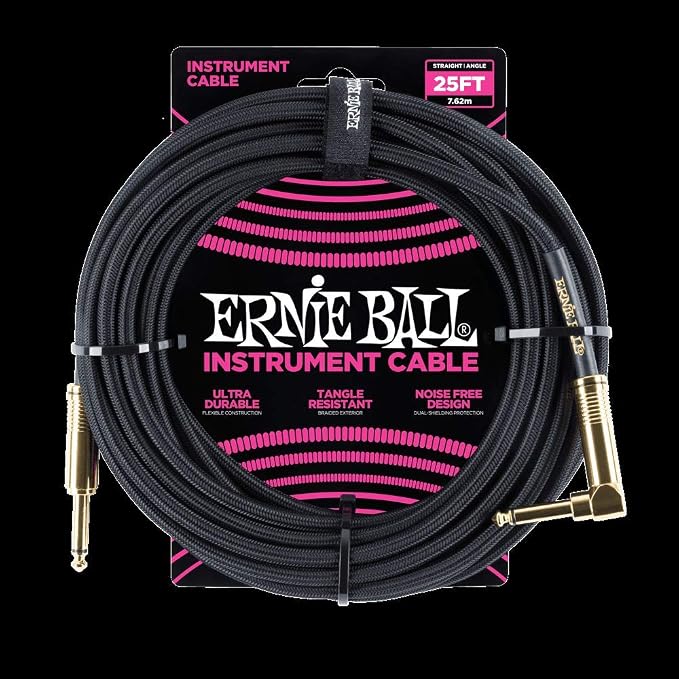 Ernie Ball Braided Instrument Cable, Straight/Angle, 25ft, Black (P06058)