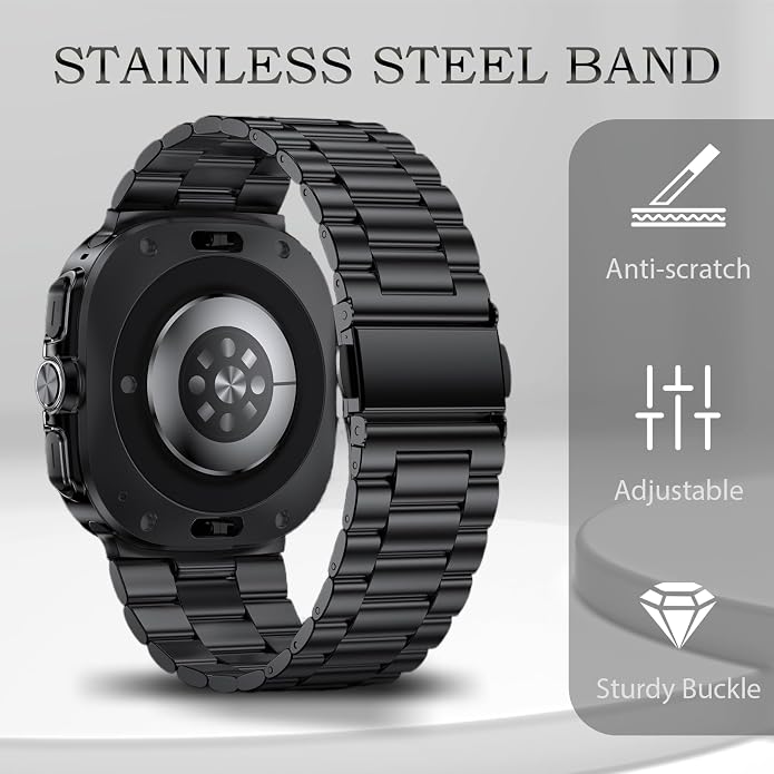 Stainless Steel Metal Band Compatible Samsung Galaxy Watch Ultra 47mm(2025 2024) with Case,Replacement Business 22mm Strap for Galaxy Watch 7 8 Ultra for Men (black+silver)