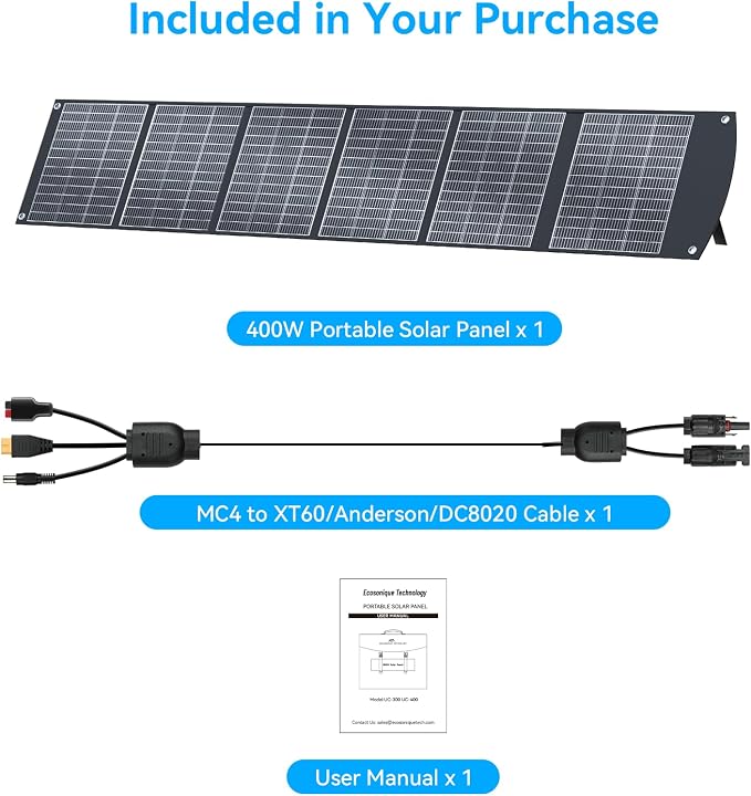 400W Portable Solar Panels CPC Material 3m 40V MC4 Cable & XT60 Anderson DC | Lightweight, Foldable, IP65 Waterproof, Solar Suitcase with Kickstands for Power Station, Generator, RV, Camping, Outdoor Use