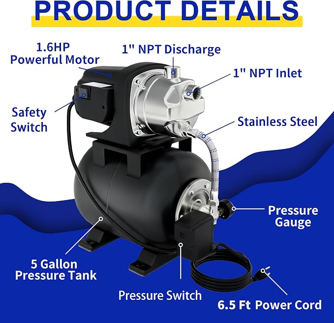 LANCHEZ Shallow Well Pump, Stainless Steel Garden Irrigation Pump, 115V Water Transfer Pump, Water Booster Jet Pump for Home Garden Lawn Farm, Glossy black