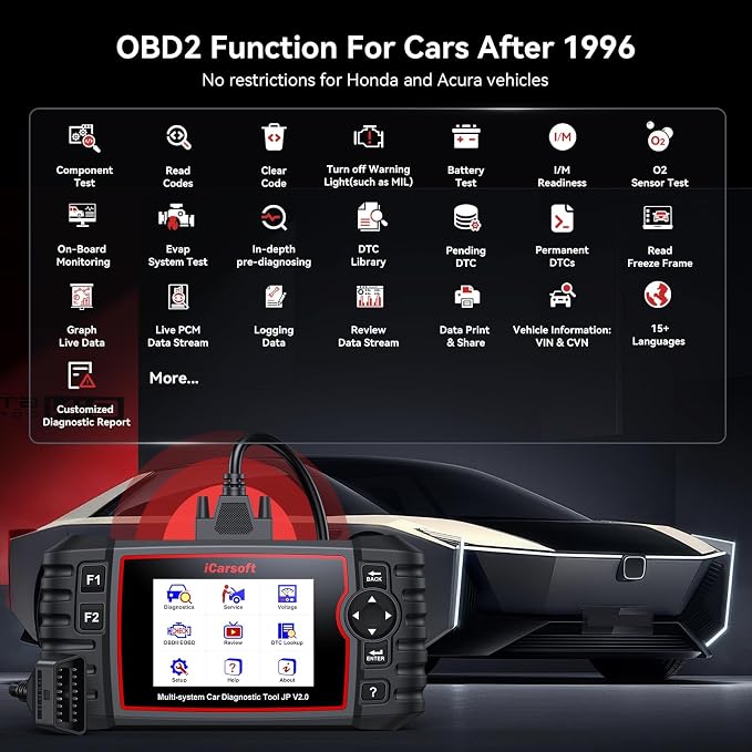 iCarsoft JP V2.0 Diagnostic Tool for Daewoo/Toyota/Honda/Mitsubishi/Suzuki/Mazda/Hyundai, Full System OBD2 Scanner with 9 Service Function, Oil/EPB/BMS/ETC/SAS/BLD/INJ/TPMS/DPfilter