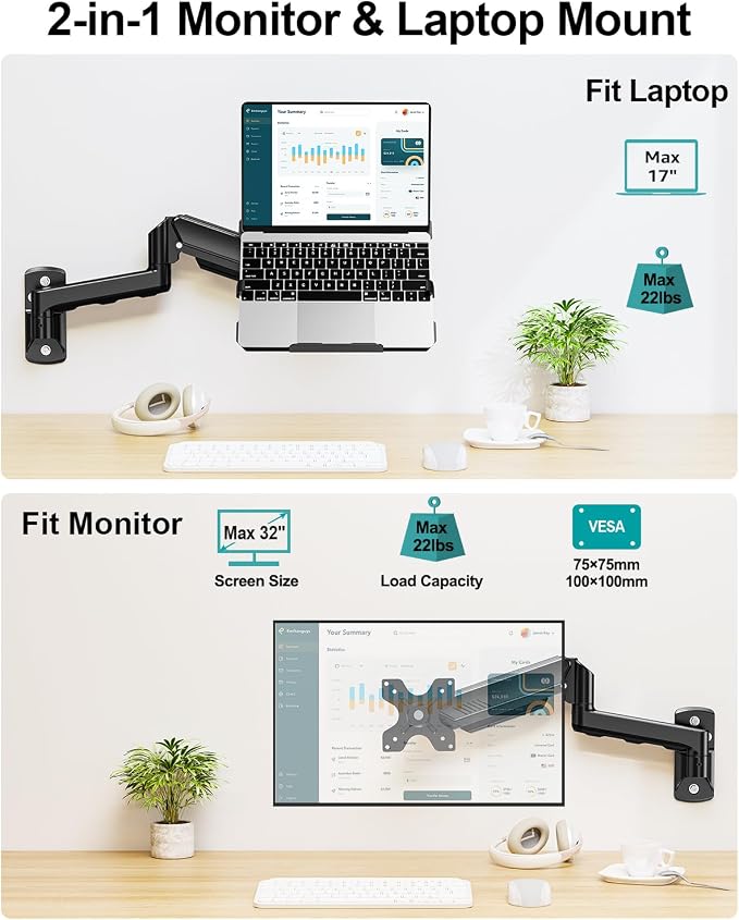 MOUNT PRO Laptop Wall Mount, 2-in-1 Monitor Wall Mount with Vented Tray for 11-17" Notebook/13-32 Computer Screen, Full Motion Adjustable Laptop Holder Stand, Gas Spring Laptop Arm Holds 4.4-22 lbs