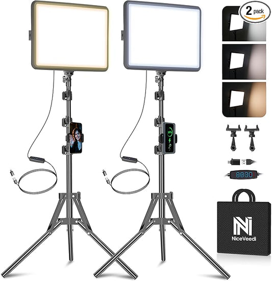 2-Pack LED Video Light Kit, NiceVeedi Studio Light, 2800-6500K Dimmable Photography Lighting Kit with Tripod Stand&Phone Holder, 73" Stream Light for Video Recording, Game Streaming, YouTube