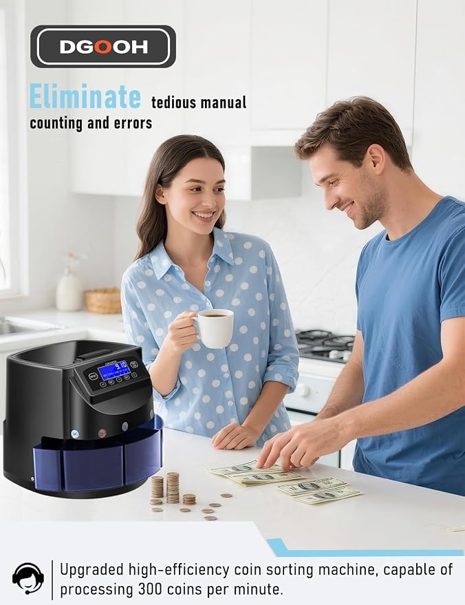 Coin Counter and Dollar Coin sorter with LCD Display, 300-coin Capacity, Supports Multiple Coin Types, Equipped with Sorting and Packaging Machine for Fast and Accurate Sorting (Coin Counter)