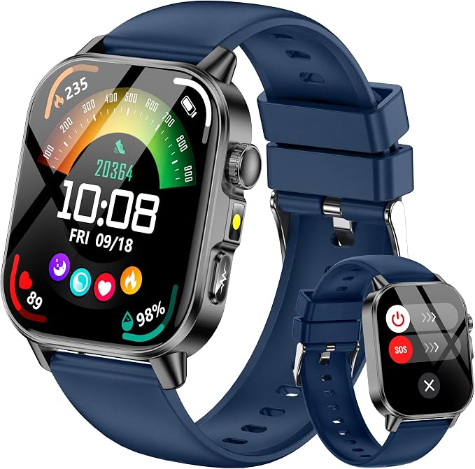 Smart Watch for Men Women, Health Fitness Tracker with 24/7 Heart Rate Blood Oxygen Blood Pressure Sleep Tracking, Bluetooth Calls, 450mAh Battery, IP68 Waterproof Activity Tracker (Blue)