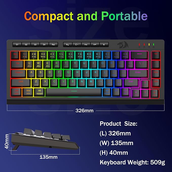 Redragon Wireless Gaming Keyboard, Bluetooth/2.4GHz/USB-C Wired, RGB Backlit, Portable 60% Mini Quiet Macro Membrane Keyboard, Rechargeable 4000mAh Battery, Anti-Ghosting for Win/MAC
