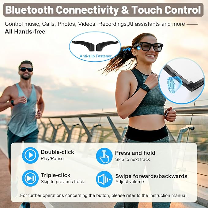 Smart Glasses with Camera with 3600mAh Charging Case, 8MP HD Video Recording with Anti-Shake POV Camera, AI Voice Assistant, AI Smart Glasses with AI Translation for Travel Vlog Business